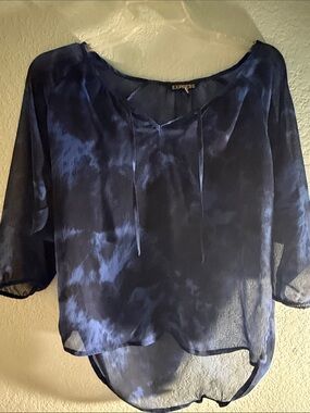 Express Navy Tie-Dye Sheer Pullover Blouse